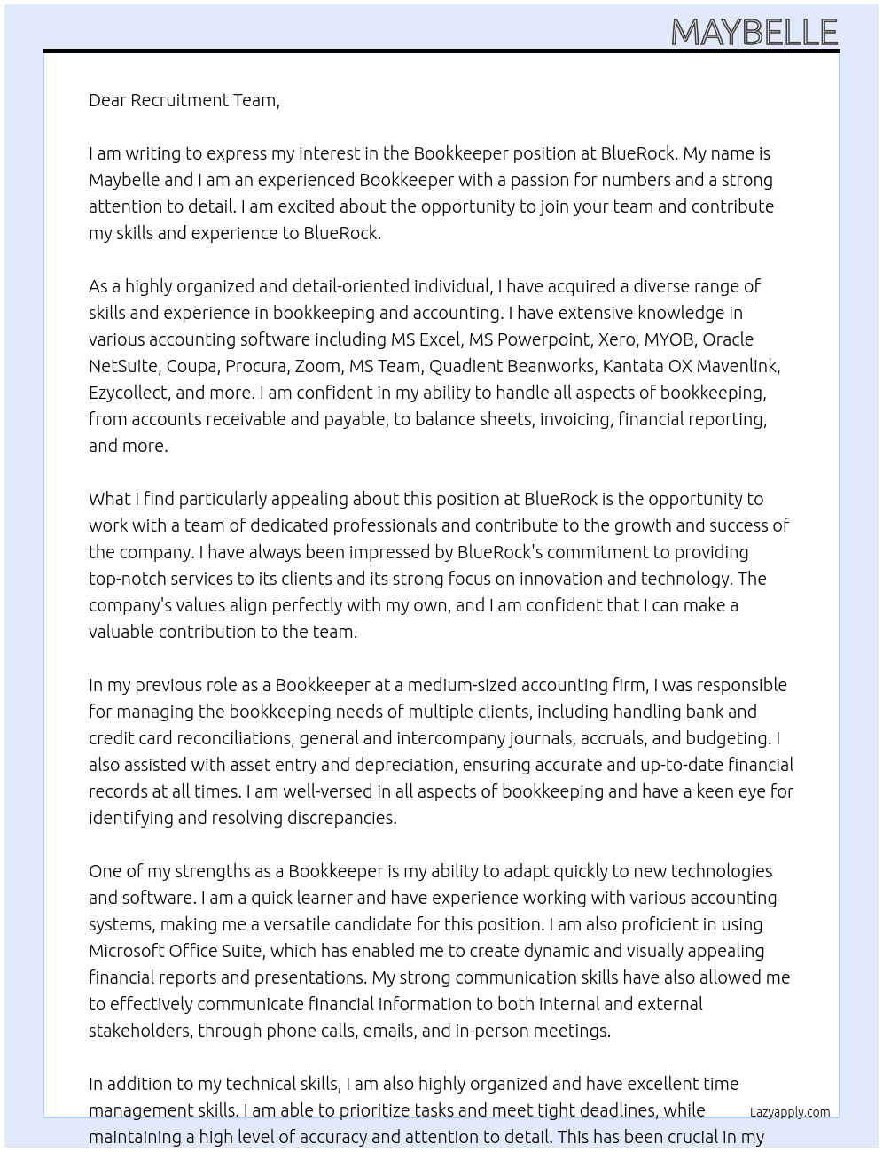 Bookkeeper At BlueRock Cover Letter