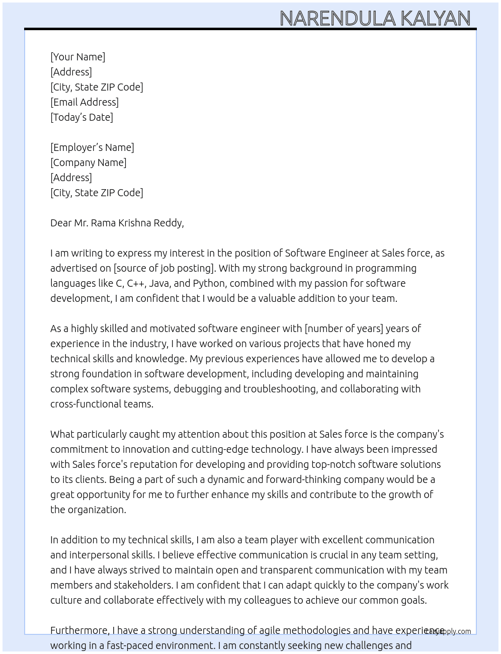 Software Engineer  At Sales force  Cover Letter