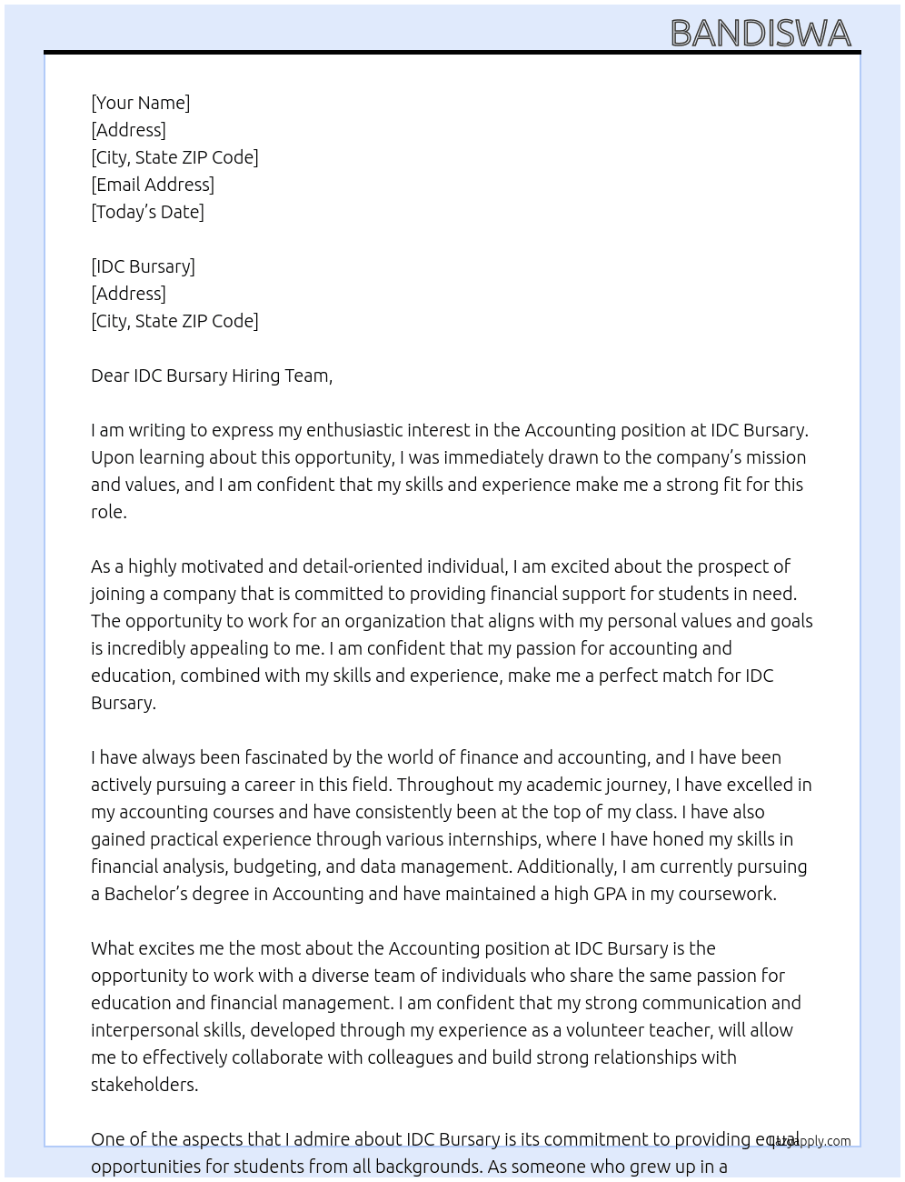 Accounting  At IDC bursary Cover Letter
