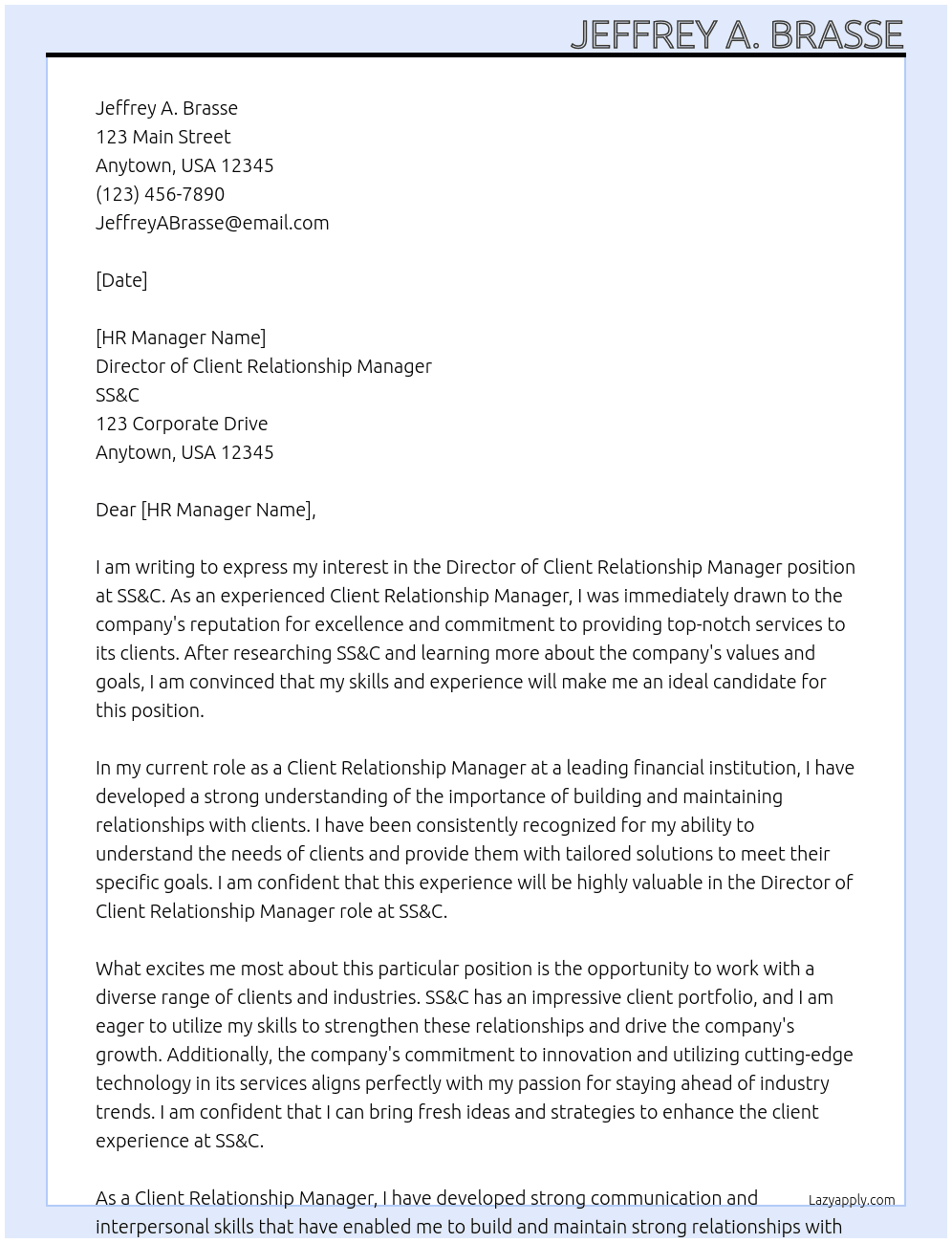 Director of Client Relationship Manager  At SS&C Cover Letter