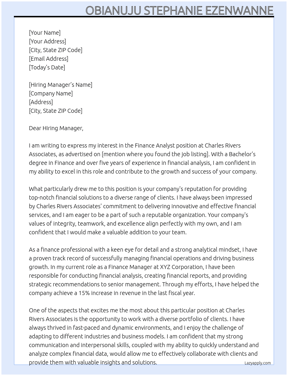 Finance analyst At Charles rivers associate Cover Letter