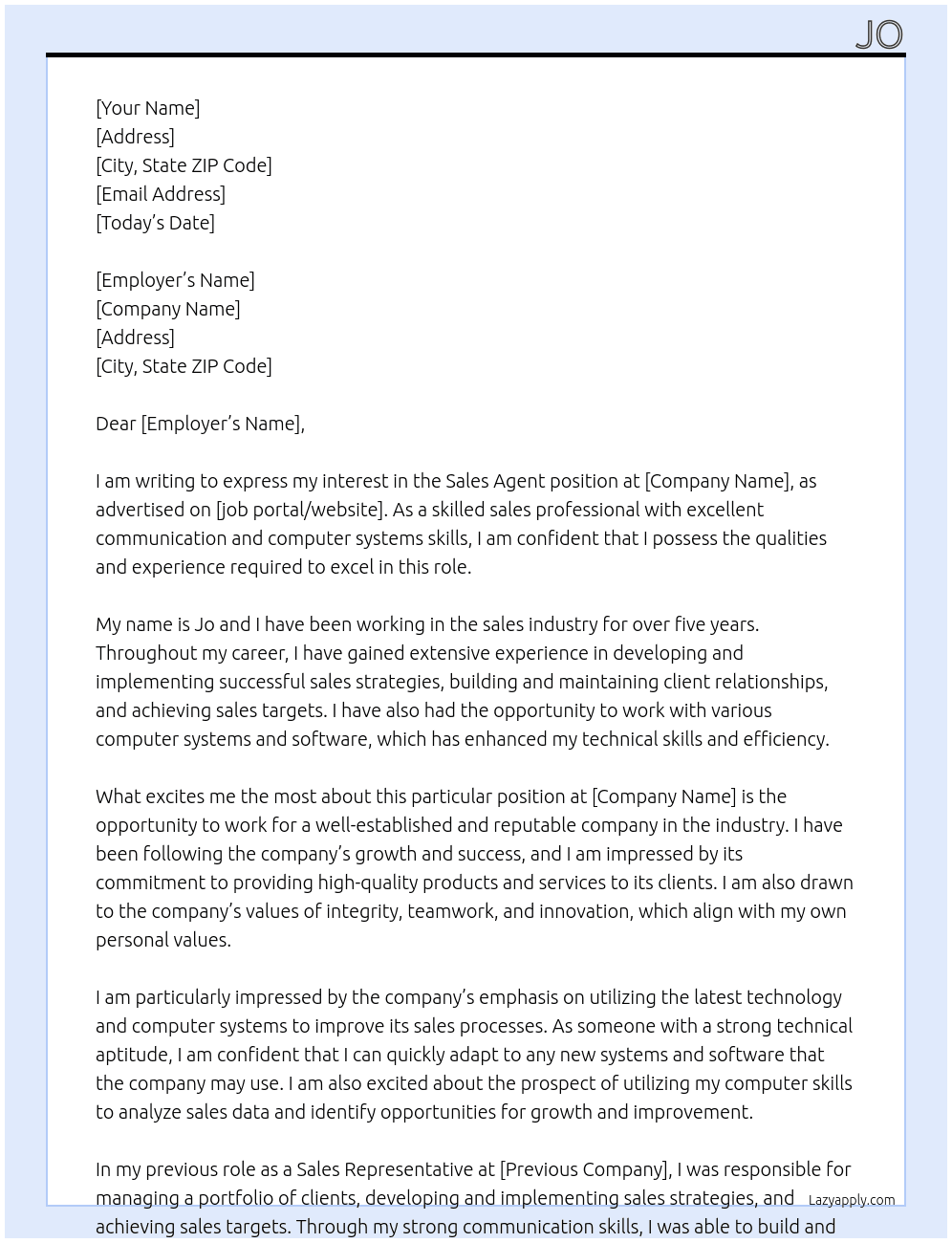 Sales Agent  At Jo Cover Letter