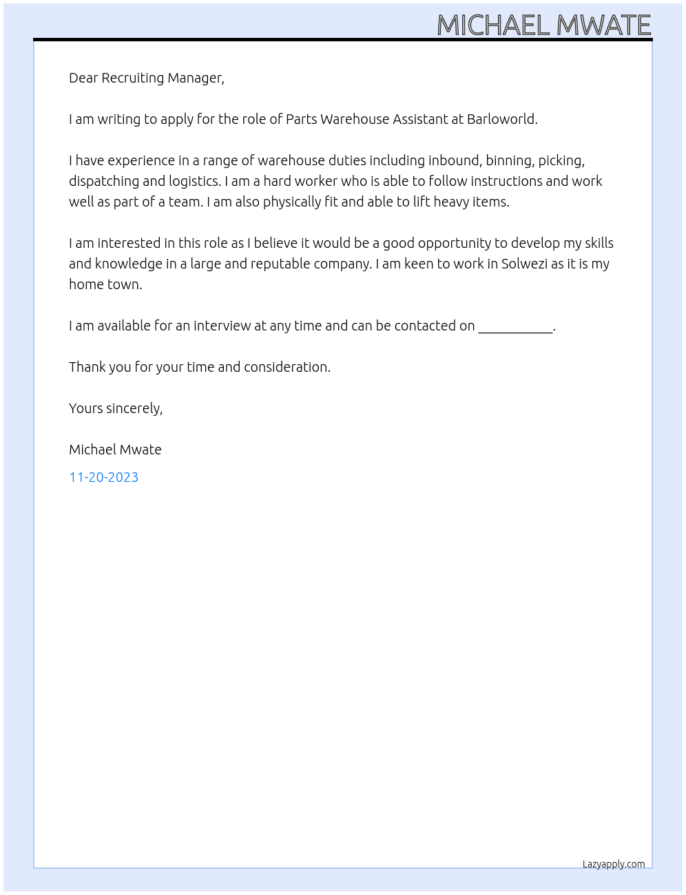 Parts Warehouse Assistant At Barloworld Cover Letter