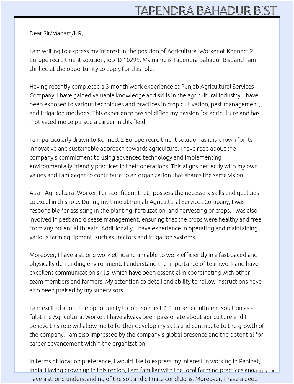 Agricultural worker At Konnect 2 Europe recruitment solution Poland job ID 10299 Cover Letter