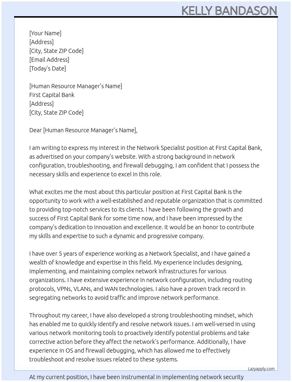 Network Specialiast At First Capital Bank Cover Letter