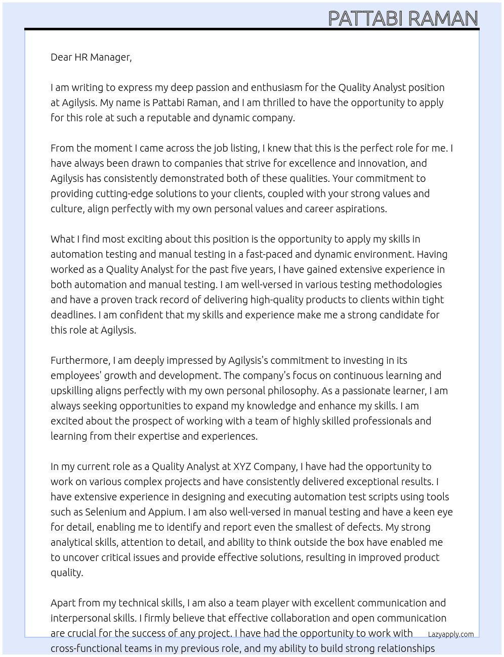 Quality analyst  At Agilysis  Cover Letter
