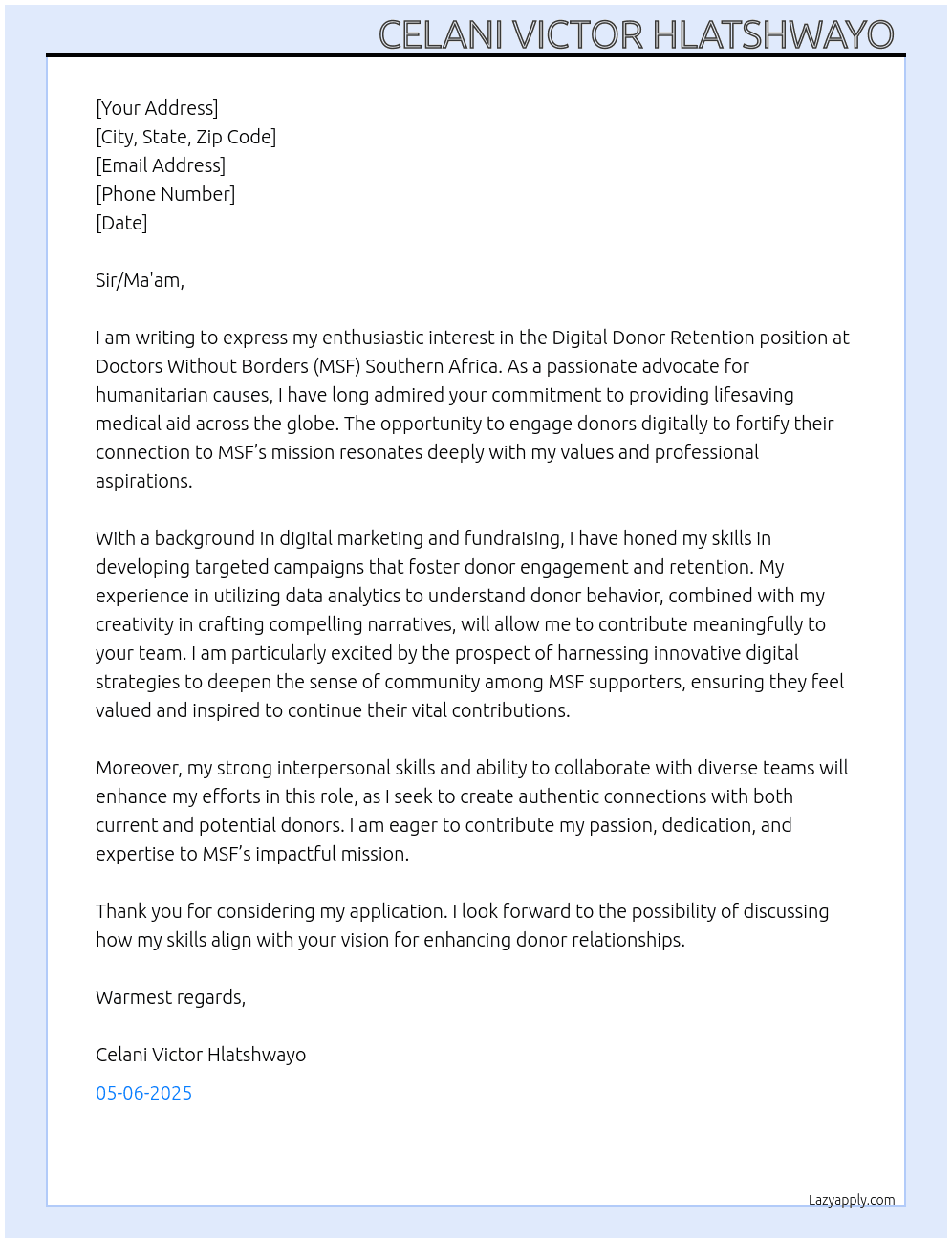 Cover letter for digital donor retention - LazyApply