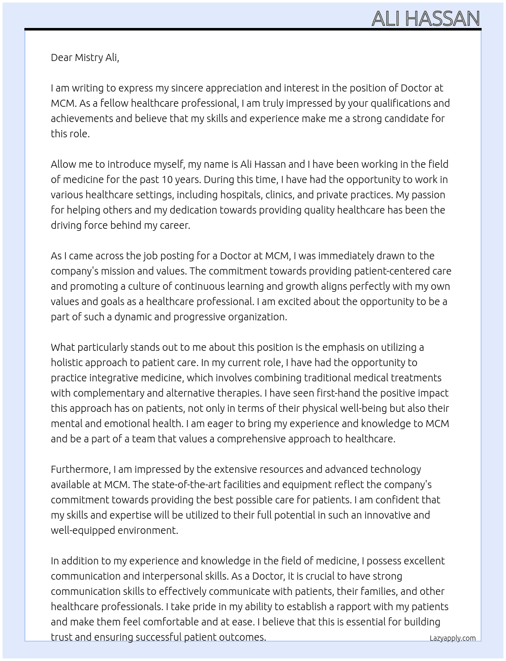 DOCTOR At MCM Cover Letter