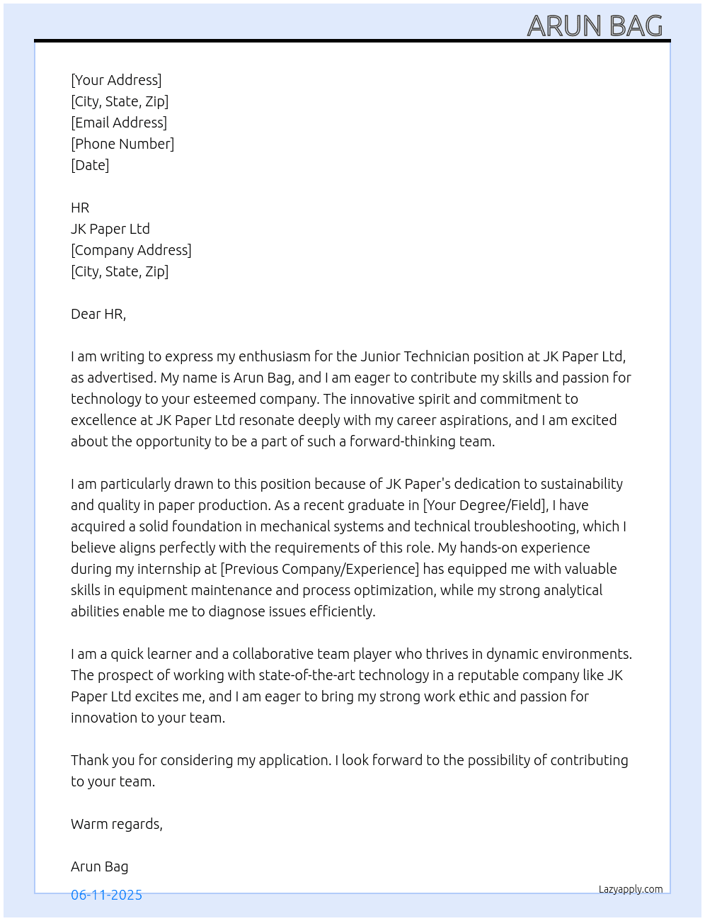 Junior technician  At JK paper Ltd Cover Letter