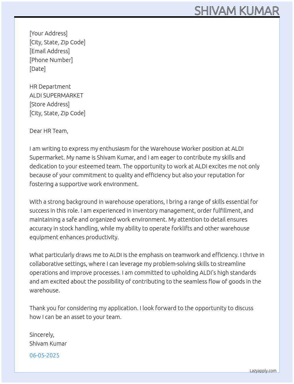 WAREHOUSE WORKER At ALDI SUPERMARKET Cover Letter