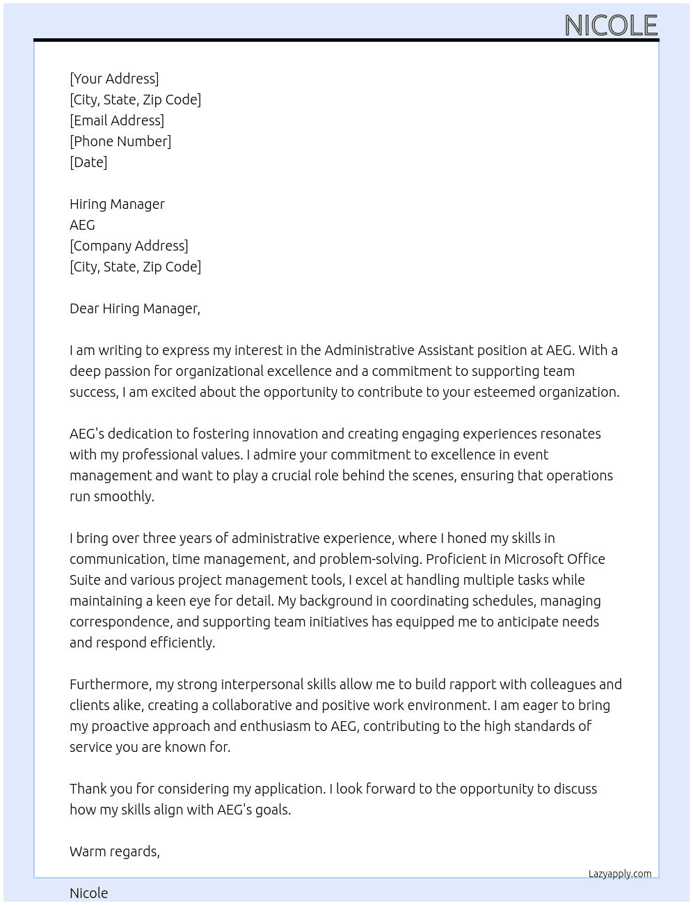 Administrative Assistant At AEG Cover Letter