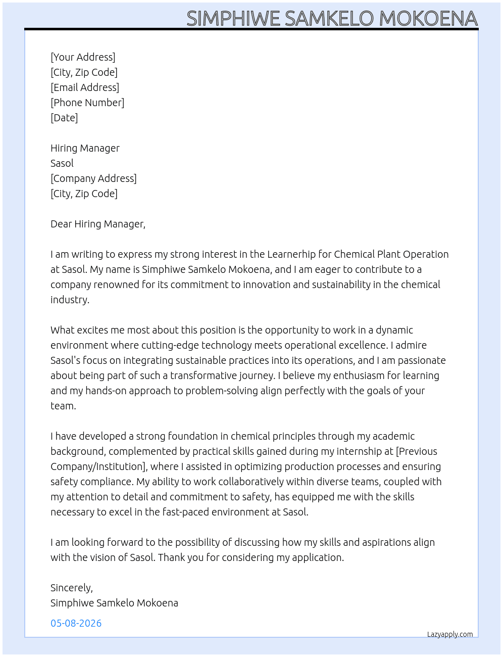 Leanership chemical Plant Operation At sasol Cover Letter