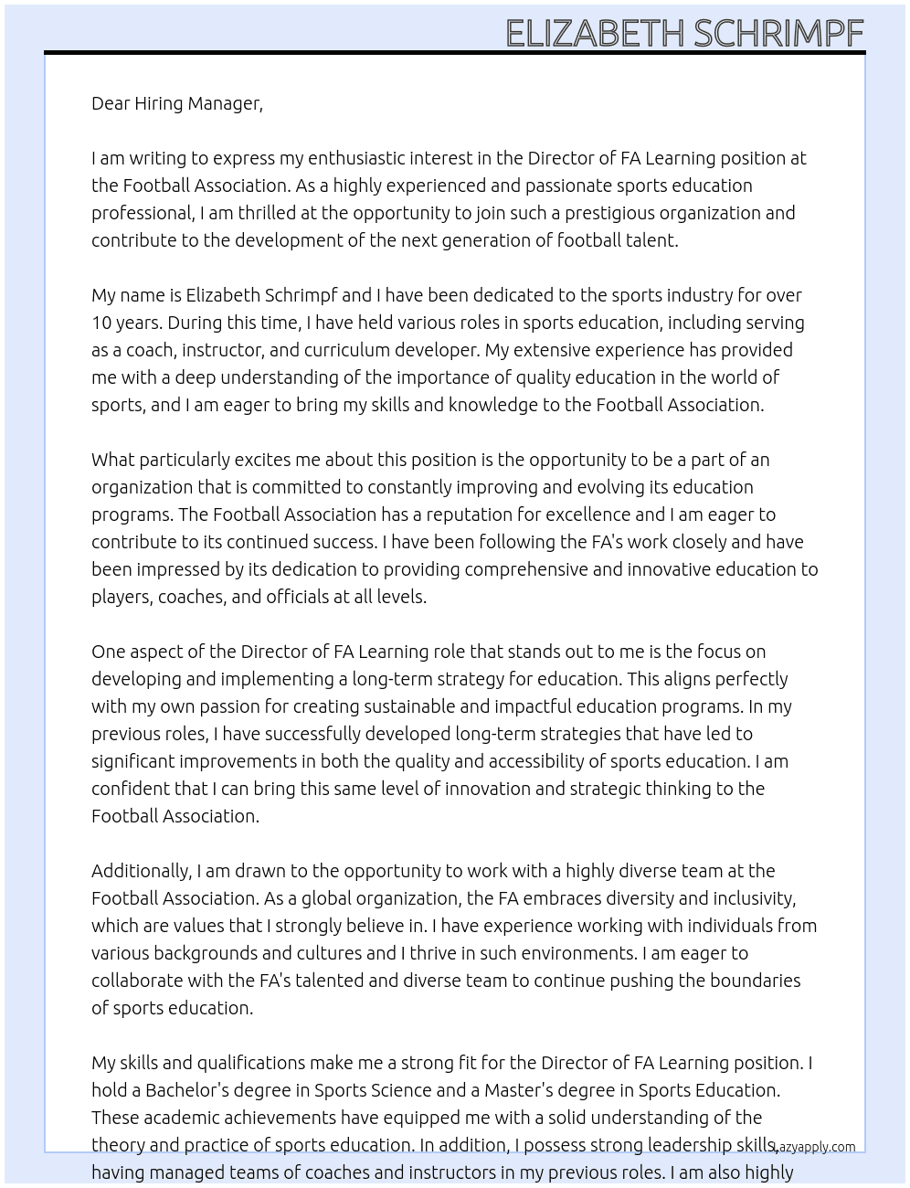 Director of FA Learning At Football Association Cover Letter