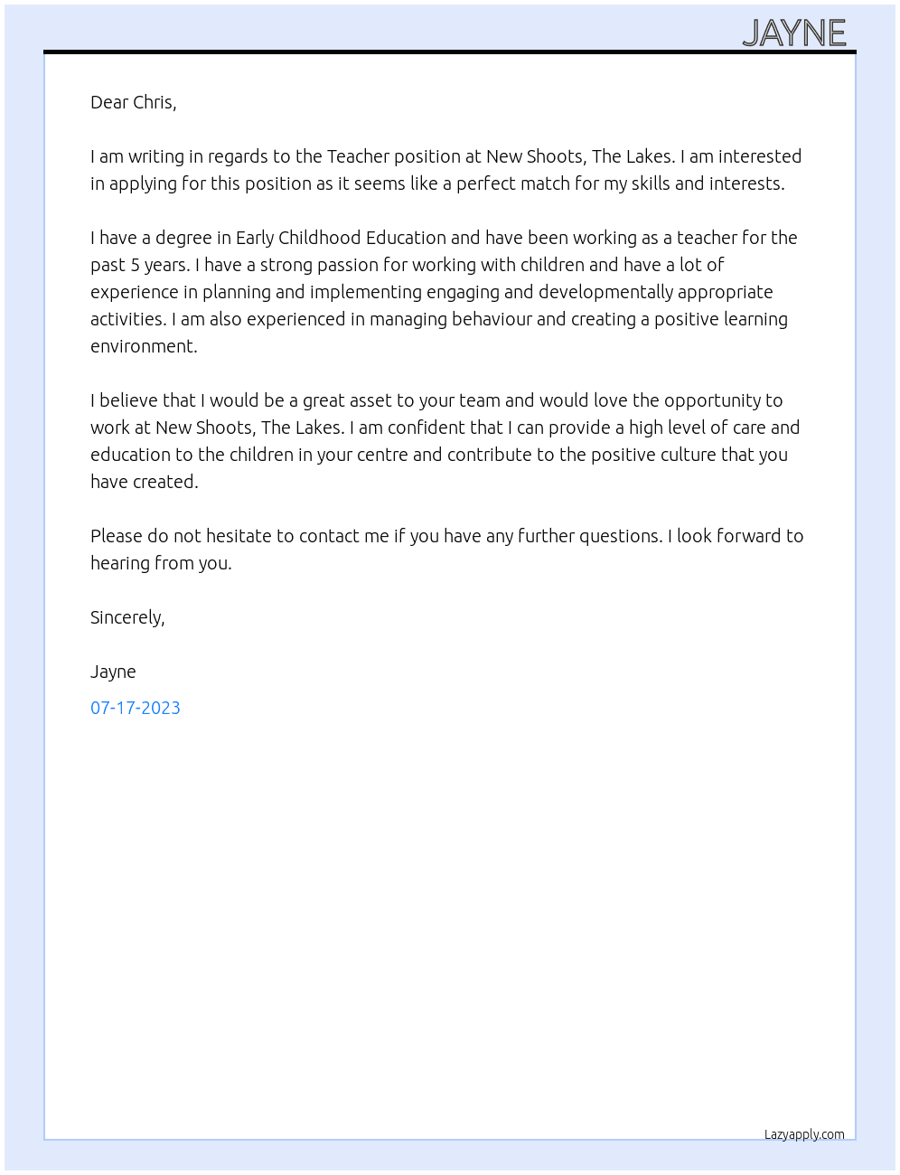 Teacher At New Shoots, The Lakes Cover Letter