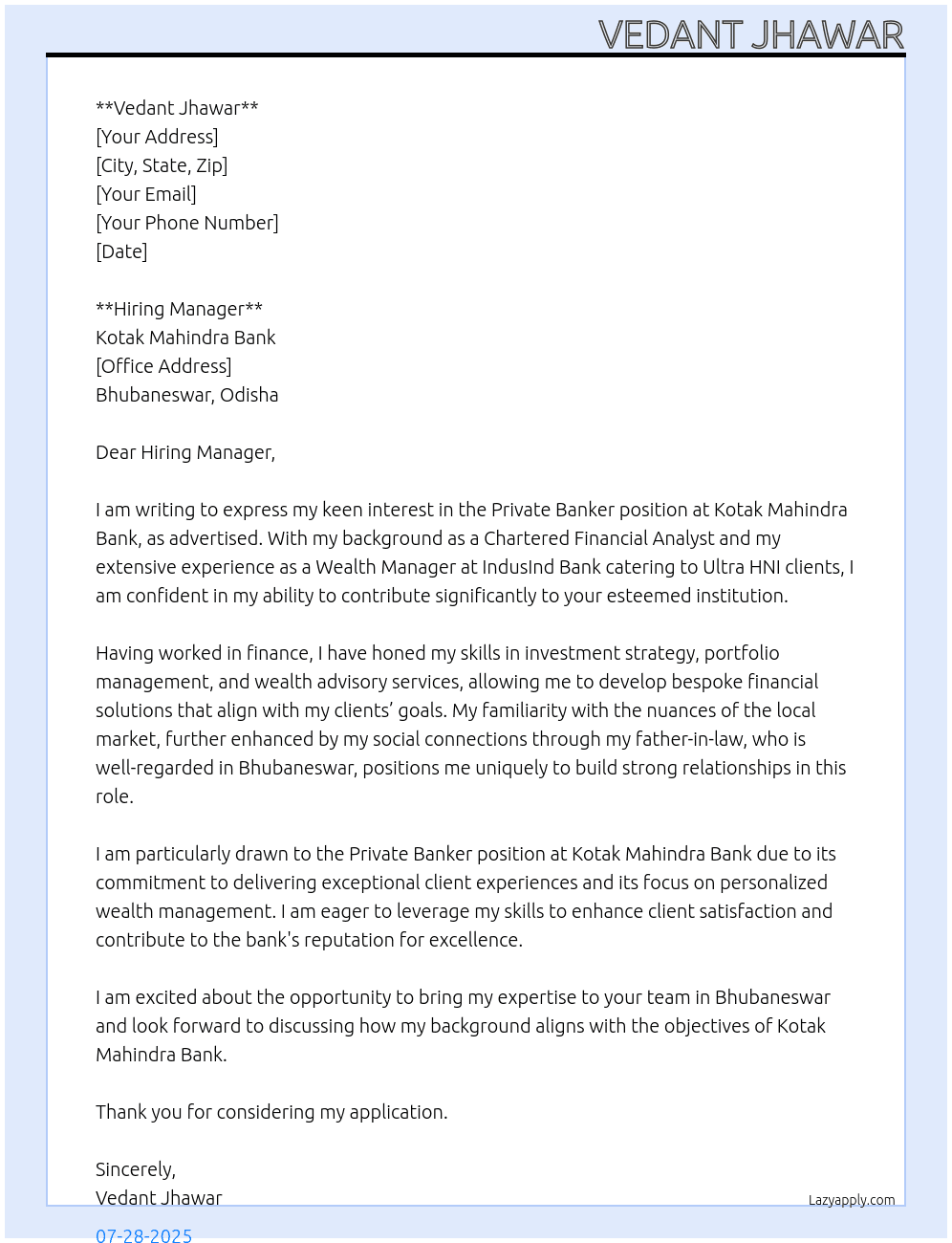 Private Banker At Kotak Mahindra Bank Cover Letter