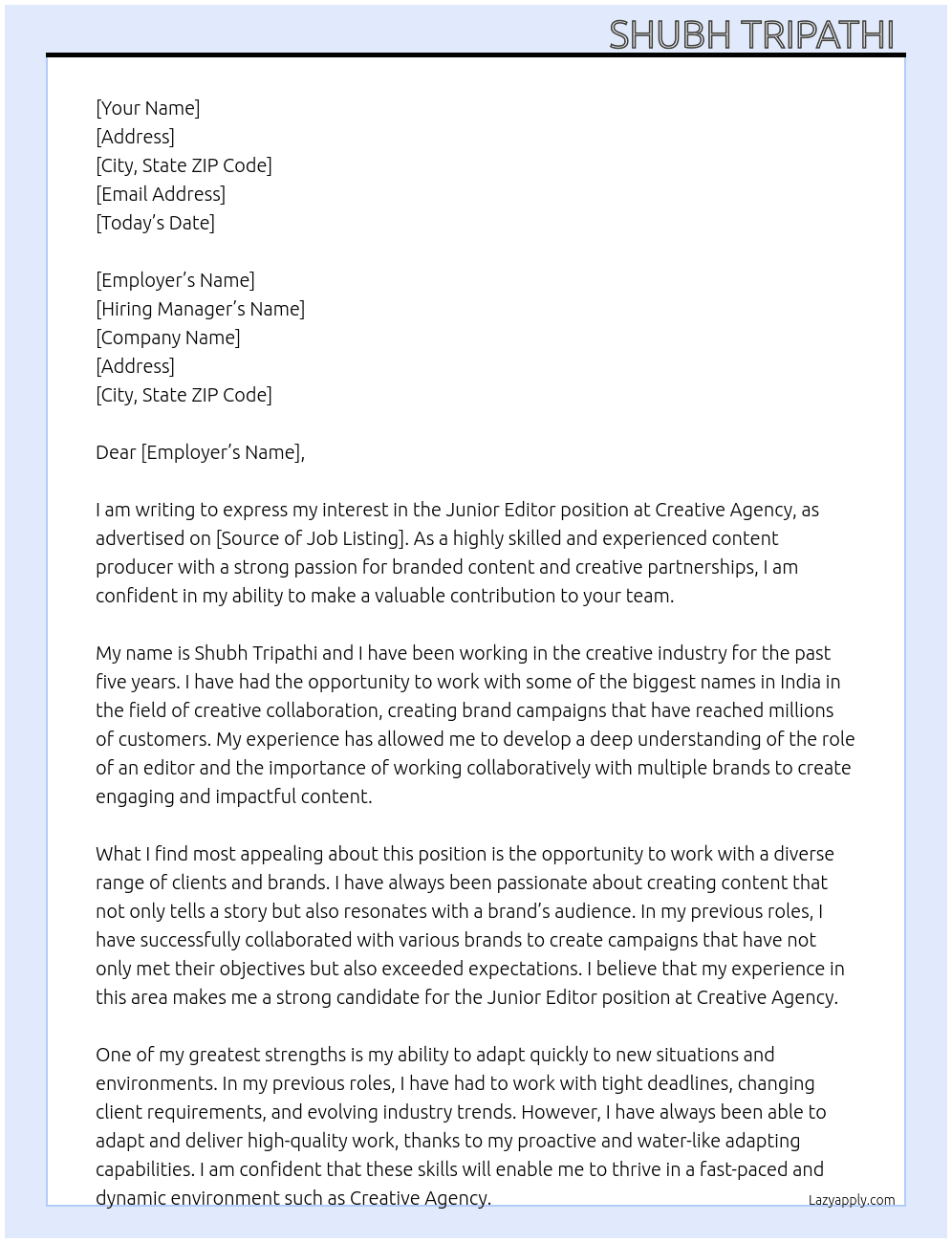 Junior editor  At Creative agency Cover Letter
