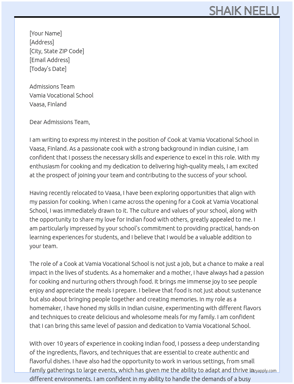 Cook  At Vamia Vocational School, Vaasa, Finland Cover Letter