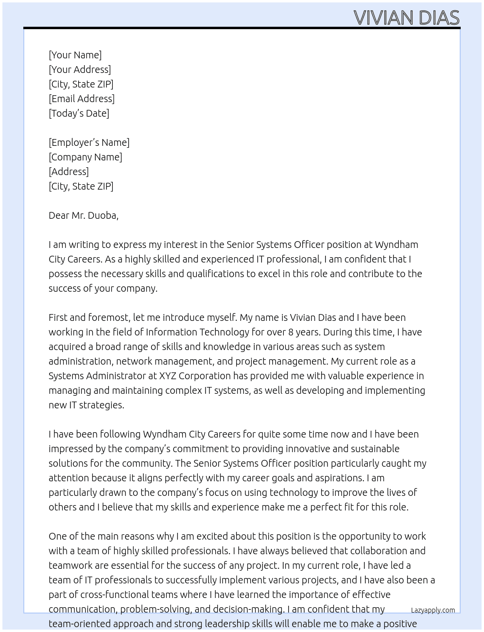 Senior Systems Officer At Wyndham City Careers Cover Letter