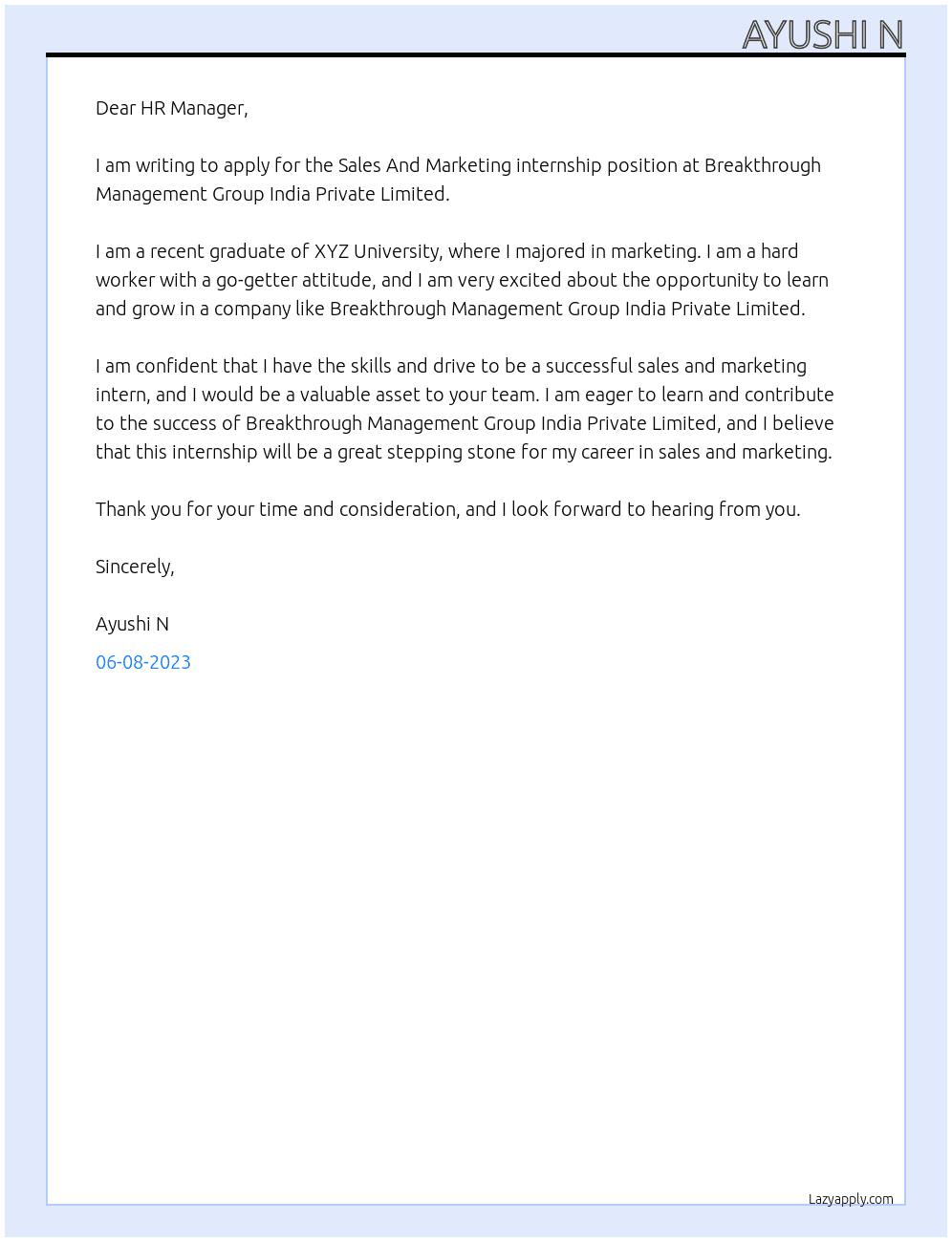 Sales And Marketing internship At Breakthrough Management Group India Private Limited Cover Letter