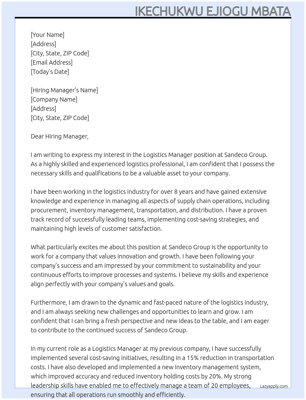 logistics manager At sandeco group Cover Letter