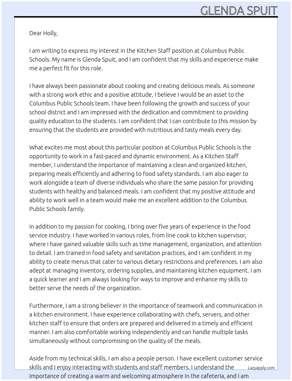 Kitchen Staff At Columbus Public Schools Cover Letter