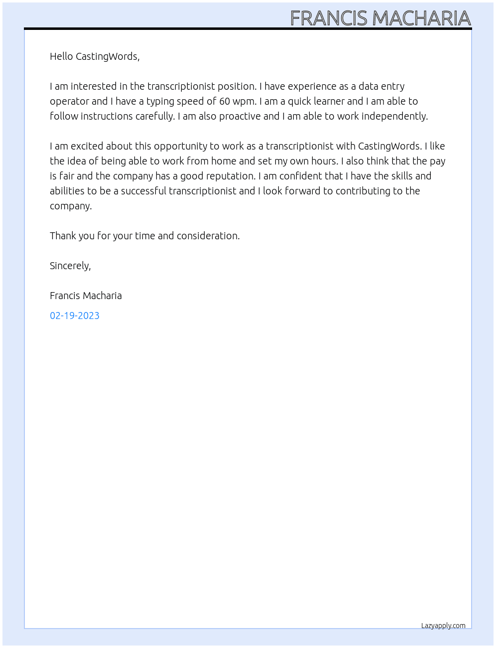 transcriptionist At CastingWords Freelancer Application Cover Letter