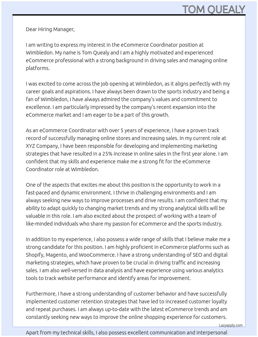 eCommerce Coordinator At Wimbledon Cover Letter