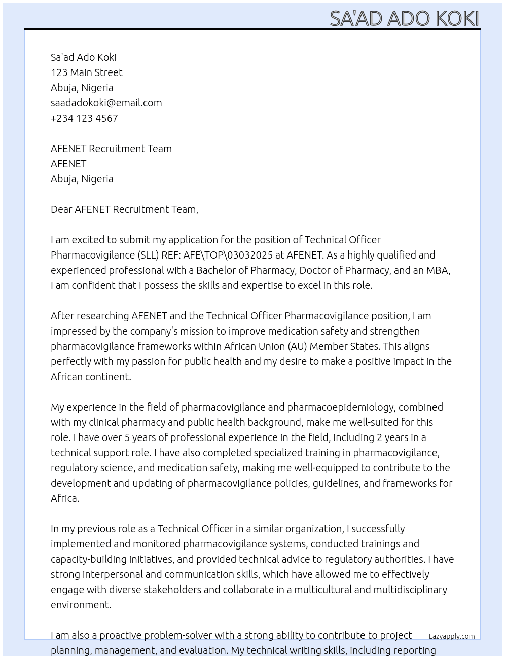 Technical Officer Pharmacovigilance (SLL) - REF: AFE\TOP\03032025 At AFENET Cover Letter