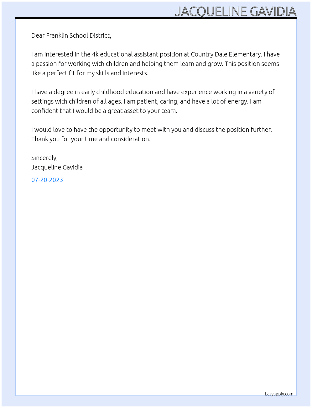 4k educational assistant At Country Dale Elementary  Cover Letter