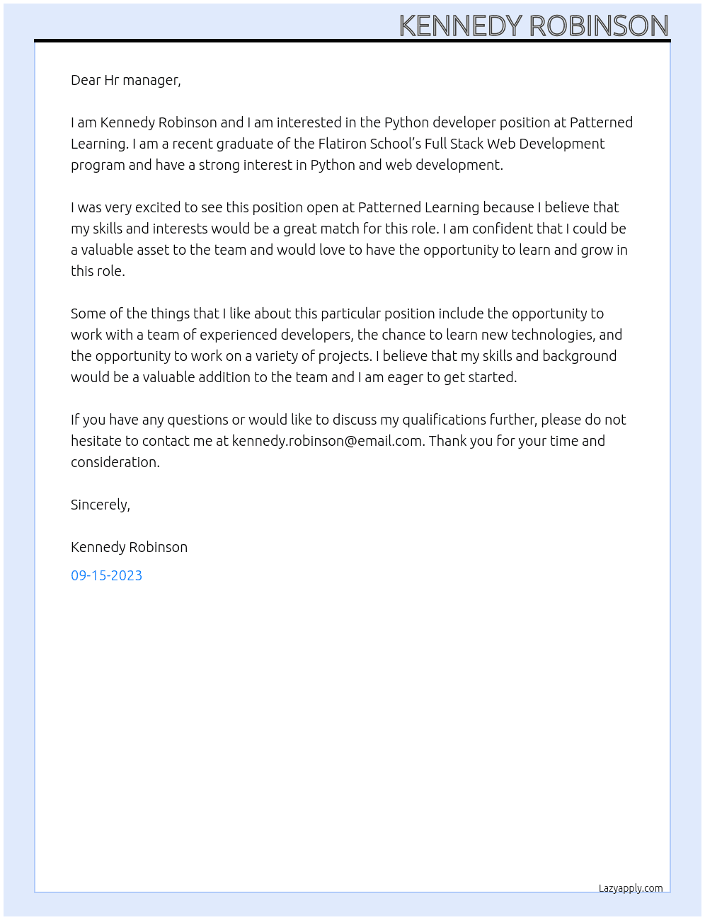 Python developer At Patterned Learning Cover Letter