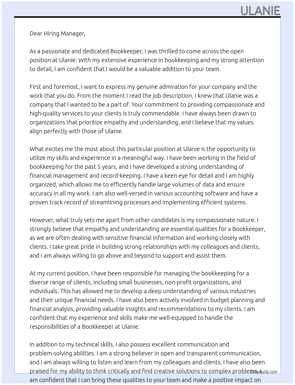 Bookkeeper At Ulanie Cover Letter
