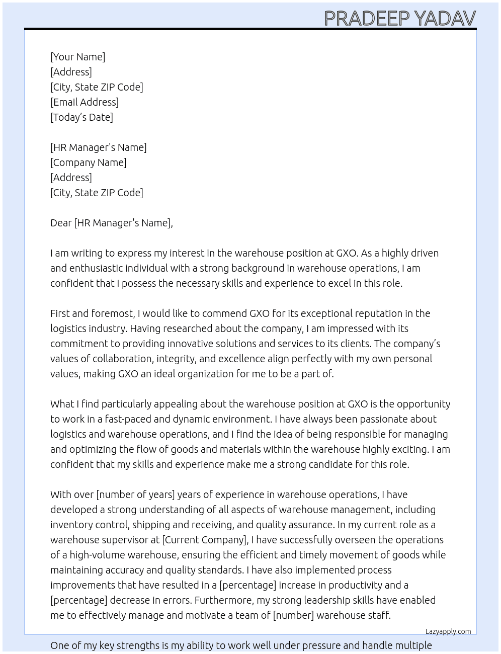 warehouse At gxo Cover Letter