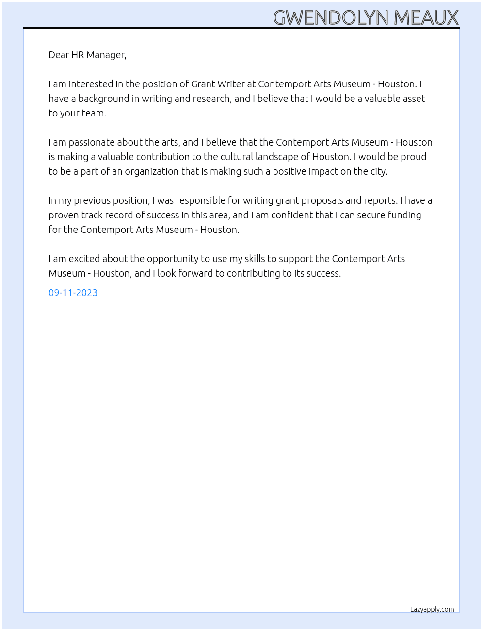 Grant Writer At Contemport Arts Museum - Houston Cover Letter