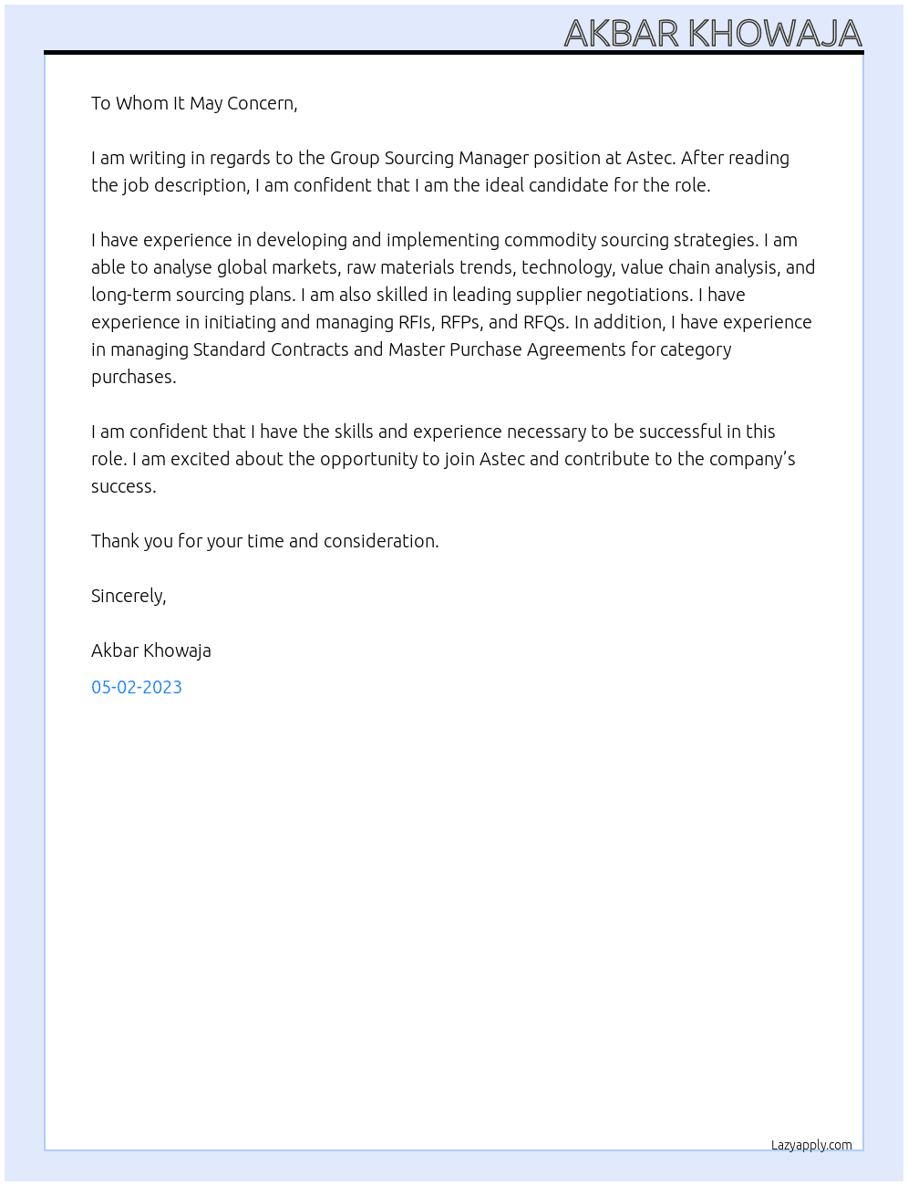 Group Sourcing Manager At Astec Cover Letter