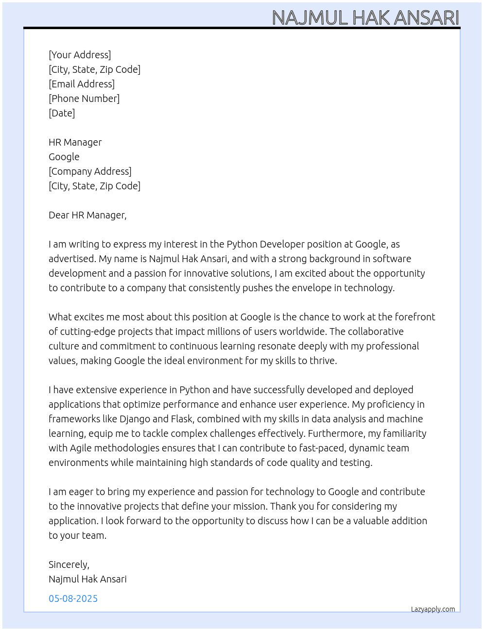 Python Developer At Google Cover Letter