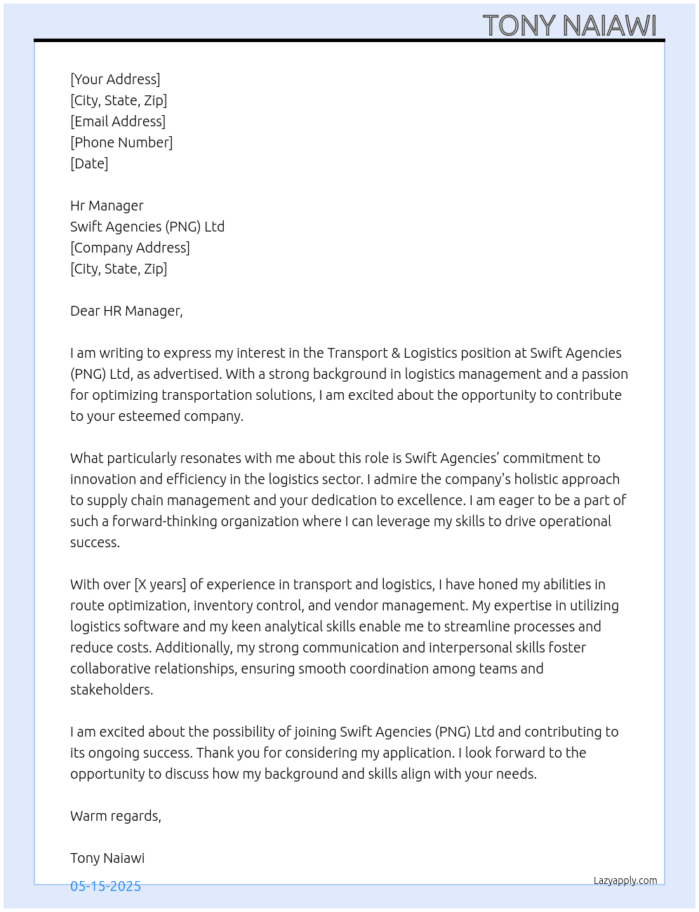 Cover letter for transport & logistics - LazyApply