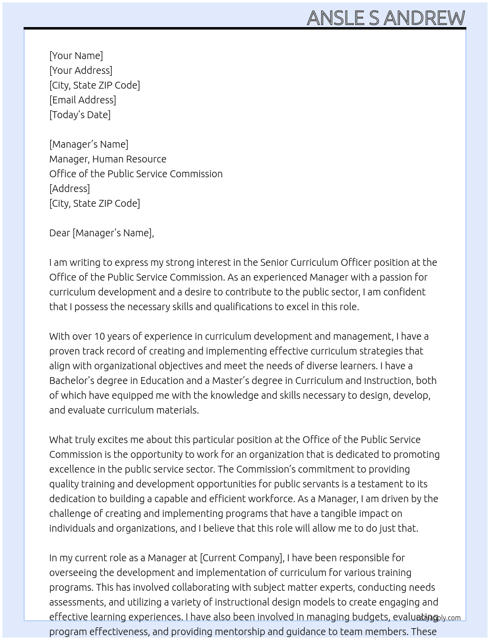 Senior Curriculum Officer At Office of the Public Service Commission Cover Letter