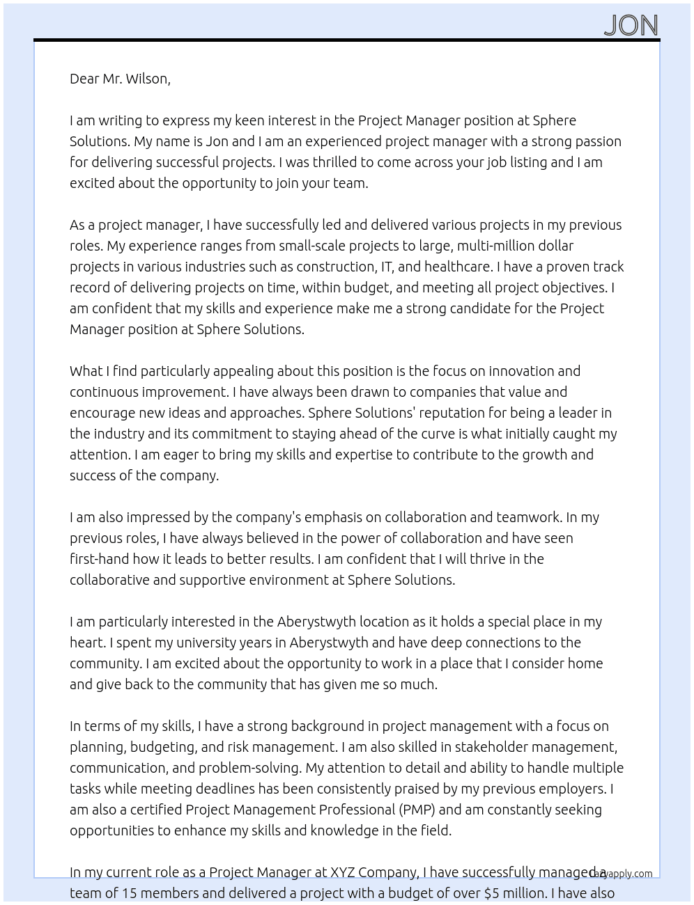 Project Manager At Sphere Solutions Cover Letter