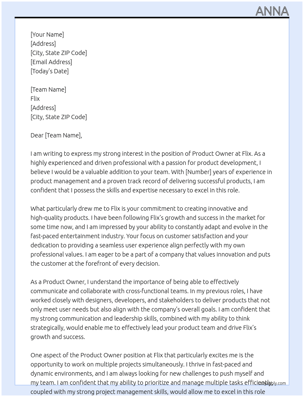 Product Owner At Flix Cover Letter