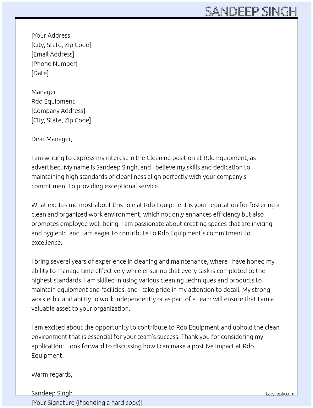 Cleaning  At Rdo equipment  Cover Letter