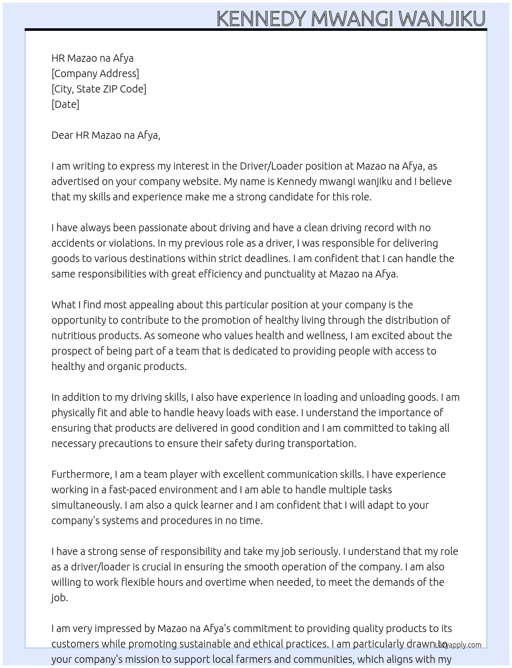 Driver/loader  At Mazao na afya Cover Letter