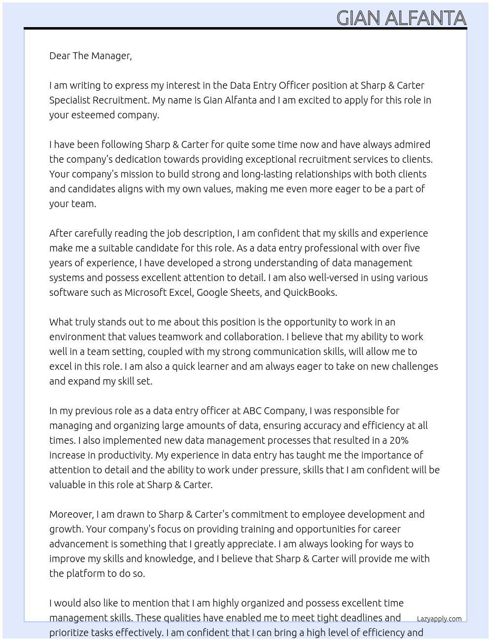 Data Entry officer At Sharp & Carter Specialist Recruitment Cover Letter