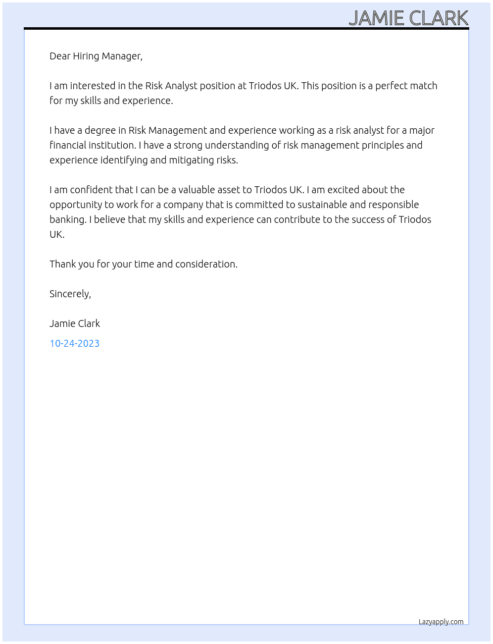 Risk Analyst At Triodos UK Cover Letter