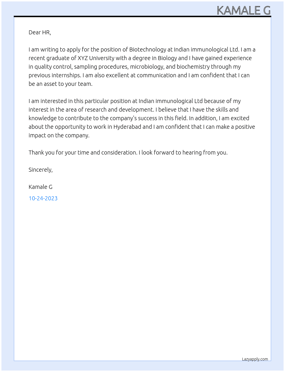 Biotechnology  At Indian immunological Ltd Cover Letter
