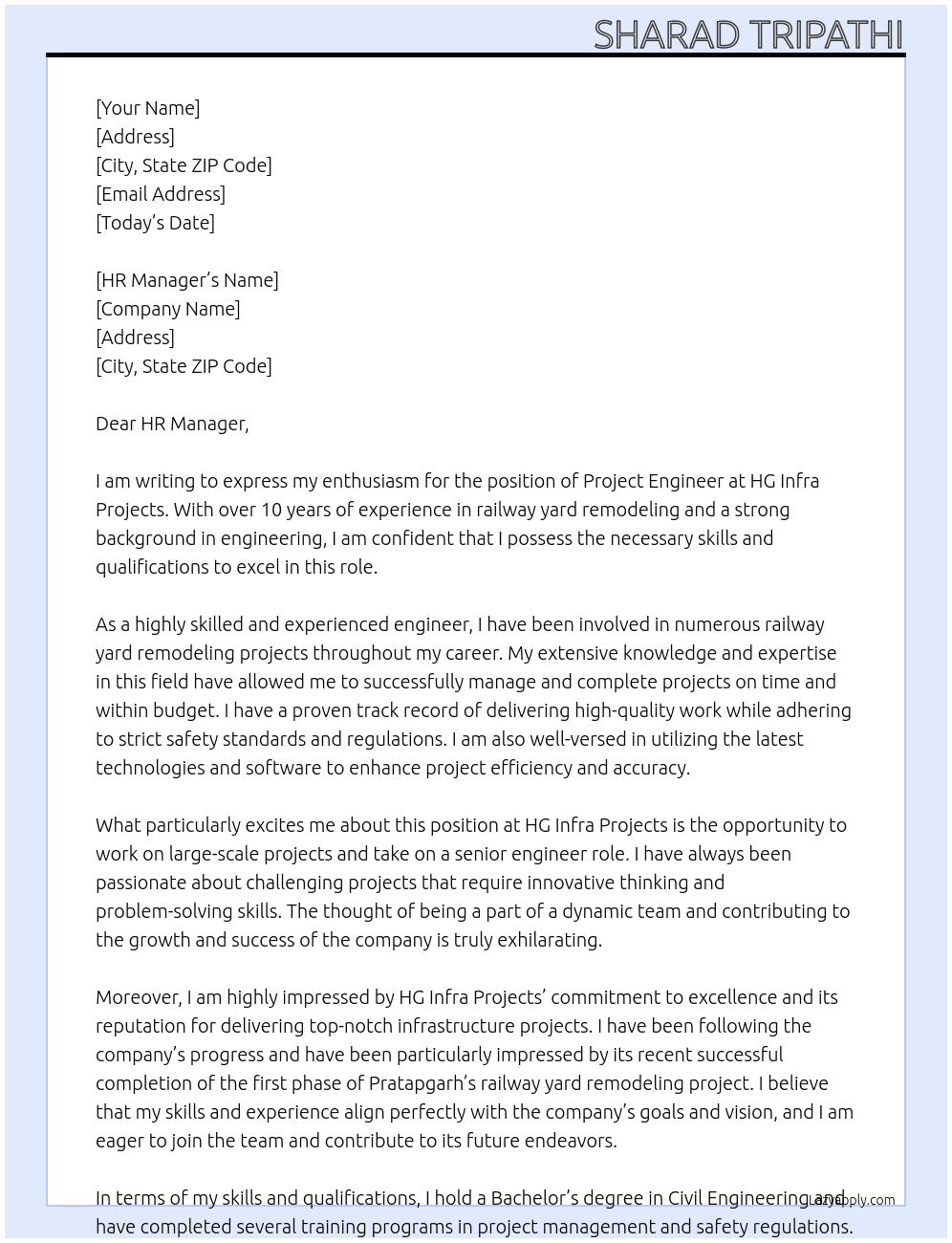 project engineer At hg infra project Cover Letter