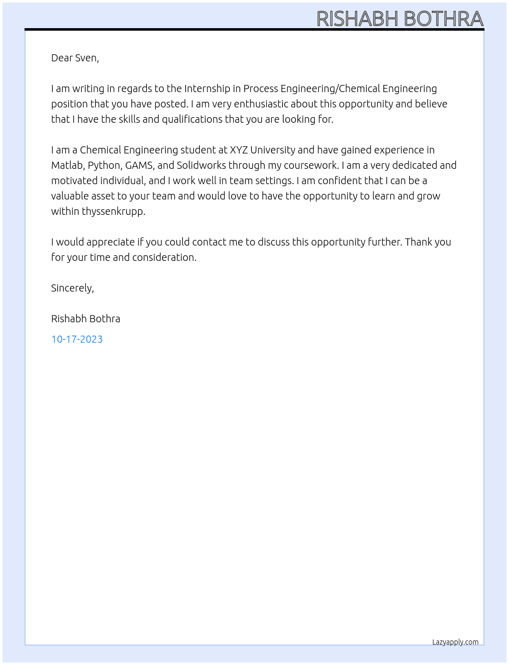 Internship in Process Engineering/Chemical Engineering At thyssenkrupp Cover Letter