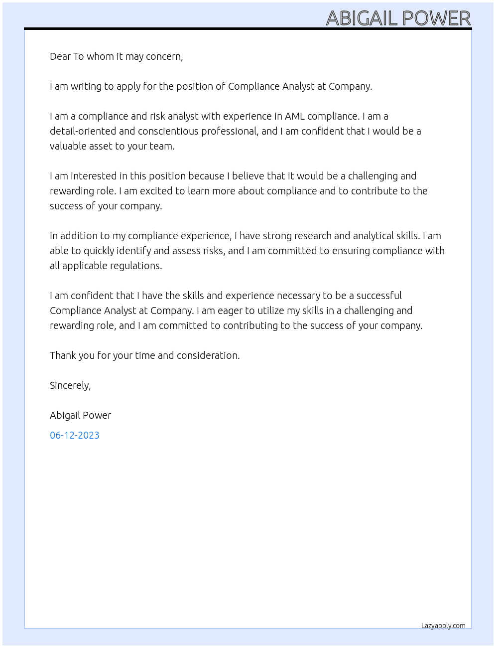 Compliance Analyst  At Company  Cover Letter
