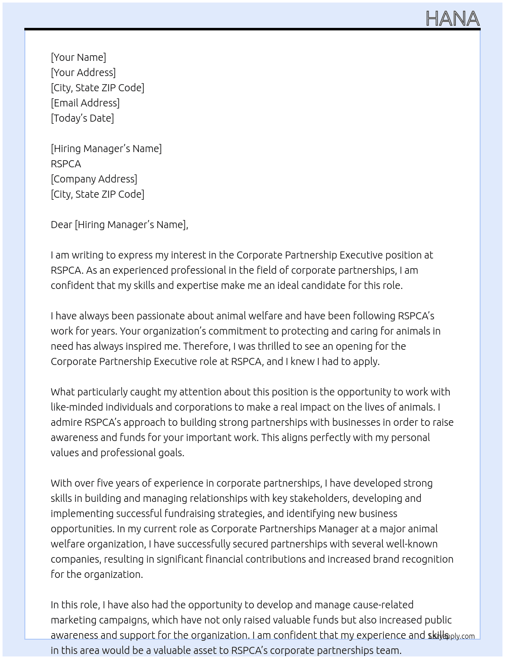 Corporate Partnership Executive At RSPCA Cover Letter