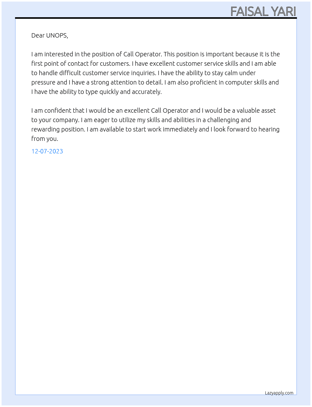 Call Operator  At UNOPS Cover Letter