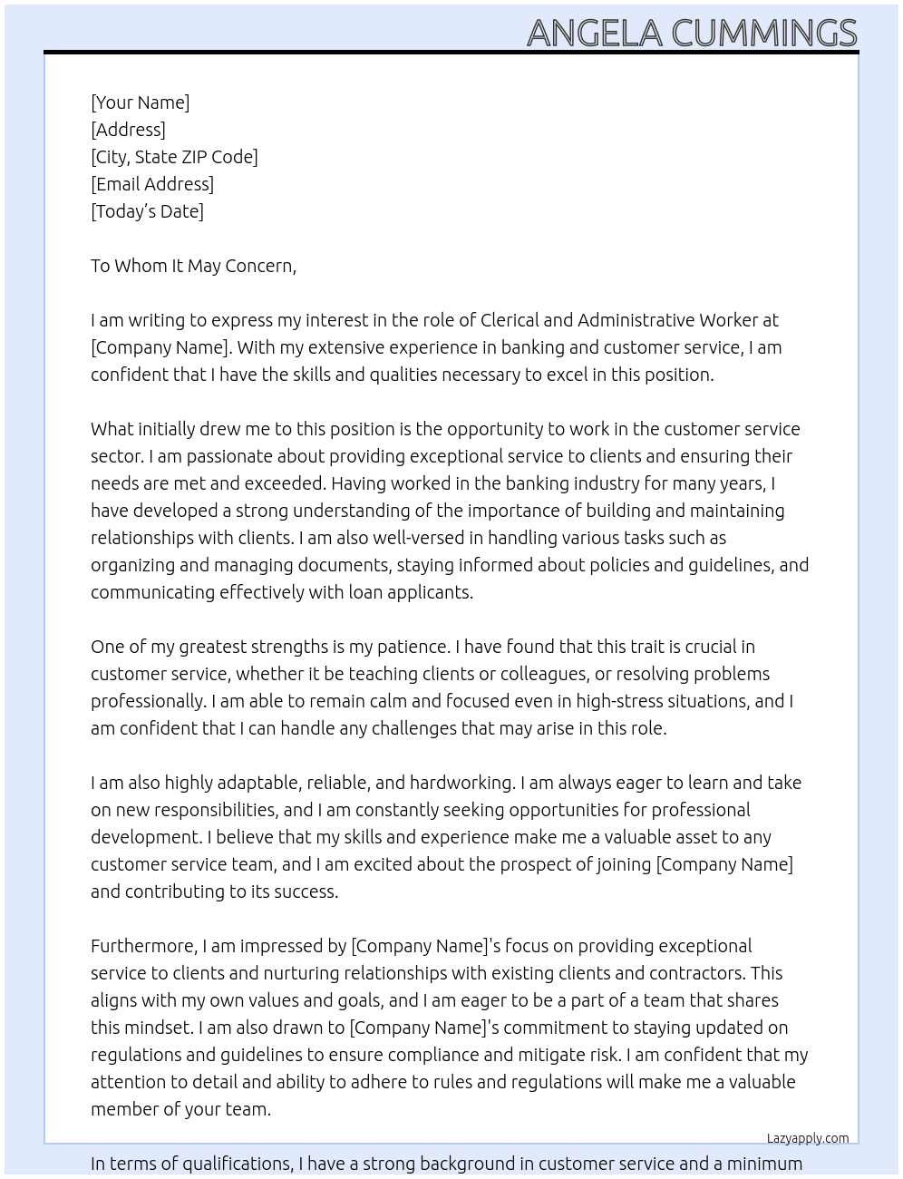 Clerical and Administrative Workers nec At Angela Cummings Cover Letter